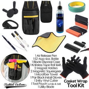 May include: A collection of tools for casket wrap applications. Includes a black tool pouch, squeegees, gloves, a bottle of liquid, a microfiber towel, and other accessories. The text "Casket Wrap Tool Kit" is visible.