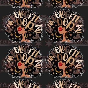 May include: A digital illustration of a Black woman with an afro hairstyle. The afro is made up of the words "unapologetically" and "black" in a brown and black color scheme. The woman has red lips and gold earrings. The background is black with stars and crescent moons.