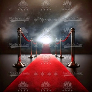 May include: A red carpet leads up a set of stairs to a bright light in a starry night sky. The carpet is lined with gold stanchions and red velvet ropes. The text "Techbot Customs" appears multiple times throughout the image.
