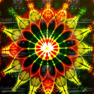 May include: A colorful tie-dye pattern with a circular design in shades of red, yellow, green, and black. The pattern is symmetrical and has a mandala-like appearance.