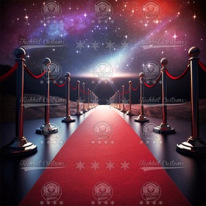 May include: A red carpet with gold stanchions leading to a bright light in a starry night sky. The text "Techbot Customs" appears multiple times on the image.