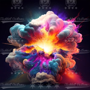 May include: A vibrant explosion of colorful smoke with a bright orange center against a dark background. The smoke is a mix of pink, blue, purple, and yellow. The image is surrounded by the text "Techbot Customs" in a white, cursive font.
