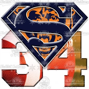 May include: A blue and orange Superman logo with a tiger face inside the 'S'. The logo is superimposed over a football with the number '34' in orange and white.