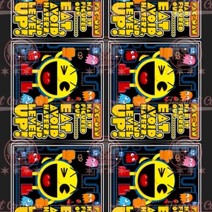 May include: Four Pac-Man themed party invitations with a yellow Pac-Man character in the center of each invitation. The invitations have a black background with a blue and yellow maze pattern. The text on the invitations reads "Pac-Man Had It Figured Out! Eat, Avoid Haters, Level Up!"