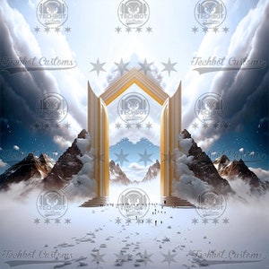 May include: A digital illustration of a golden archway leading to a snowy mountain range with a cloudy sky and stars. The archway is open and there are people walking through it. The text "Techbot Customs" appears multiple times in the image.