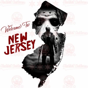 May include: A black and white image of a hockey mask-wearing figure standing in front of an outline of the state of New Jersey. The text "Welcome To NEW JERSEY" is written in red at the top left of the image.