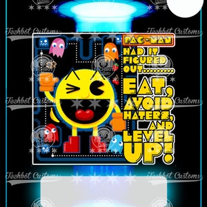 May include: A black and yellow Pac-Man character with a big smile and red cherries in his mouth. The background is a blue and black video game screen with the text "Pac-Man Had It Figured Out Eat, Avoid Haters, and Level Up!"