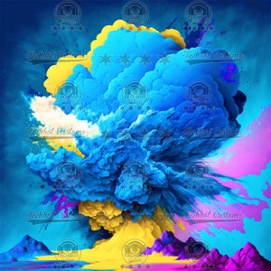May include: Abstract digital art featuring a vibrant blue and yellow explosion with a pink and purple background. The explosion is surrounded by a white cloud and the text "Techbot Customs" appears multiple times throughout the image.