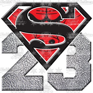 May include: A black and red Superman logo with a basketball pattern inside. The logo is over a gray and white number 23 with a similar basketball pattern.