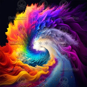 May include: Abstract digital art featuring a swirling rainbow of colors, with a white center and a dark background. The colors are vibrant and saturated, and the swirling pattern creates a sense of movement and energy. The text "Techbot Customs" appears multiple times throughout the image.