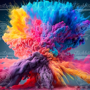 May include: A vibrant explosion of colorful paint in shades of blue, purple, pink, yellow, and orange. The paint appears to be suspended in mid-air, creating a dynamic and abstract image.