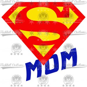 May include: A red and yellow Superman logo with the word "MOM" in blue letters underneath. The logo is on a white background.