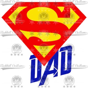 May include: A red and yellow Superman logo with the word "DAD" in blue letters underneath. The logo is on a white background.