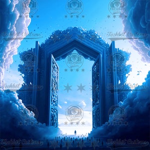 May include: A large, ornate, blue, metal gate opens to reveal a bright, blue sky with white clouds.  A group of people walk towards the gate.