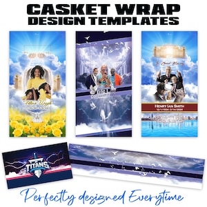 May include: Image features casket wrap design templates with various themes. One design includes a woman in a yellow top, another features a group of men, and a third showcases a man with a cat. The designs incorporate clouds, doves, and text.