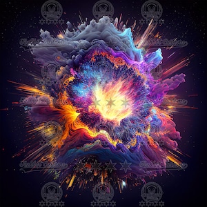 May include: Abstract digital art featuring a vibrant explosion of color. The artwork showcases a central burst of yellow and orange, surrounded by swirling blues, purples, and grays. The image includes the text "Techbot Customs" and star icons.