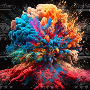 May include: A vibrant explosion of colorful paint splatters against a black background. The colors include blue, red, orange, yellow, and pink. The paint appears to be in motion, creating a dynamic and energetic image.