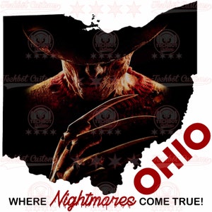 May include: A graphic design featuring the state of Ohio with a scary, red-skinned figure with a hat and claws. The text "WHERE NIGHTMARES COME TRUE!" is at the bottom of the image.