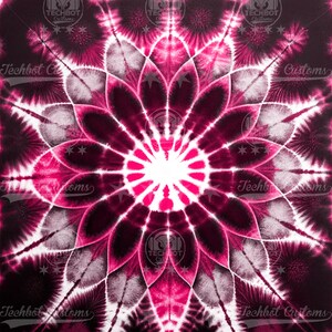 May include: A pink and black tie-dye pattern with a circular design in the center. The pattern is symmetrical and has a radial design.