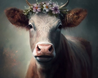 Cow With A Flower Crown-Watercolor digital download