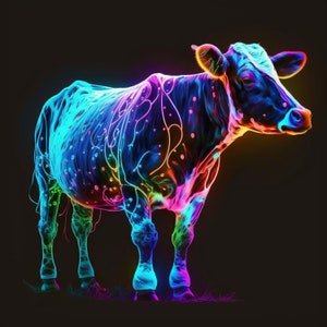 Imagen digital brillante de vaca de neón de una vaca de neón, descarga digital