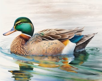 Duck On The Lake-Watercolor Mallard