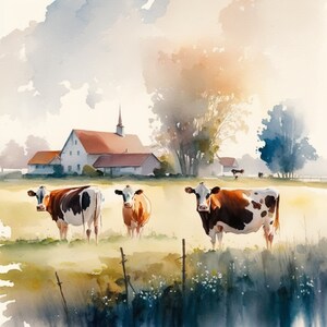 Cows In A Farm Field-Watercolor Digital Print