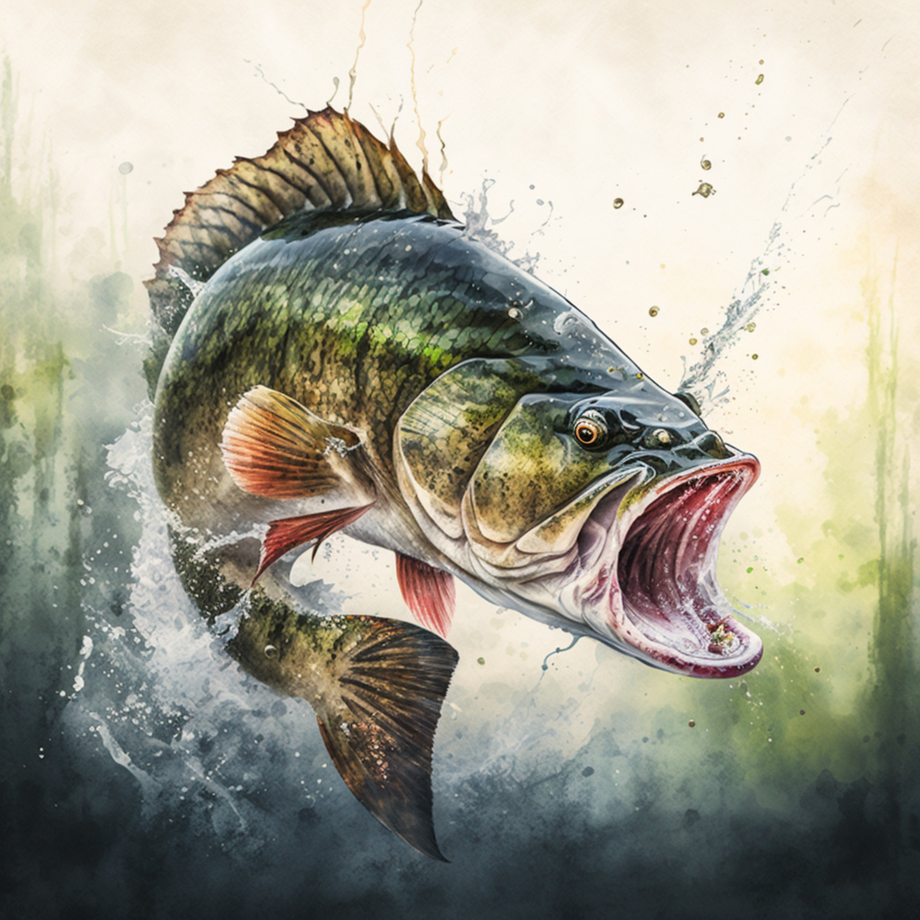 Large Mouth Bass Jumping Out of the Water-watercolor Digital Art