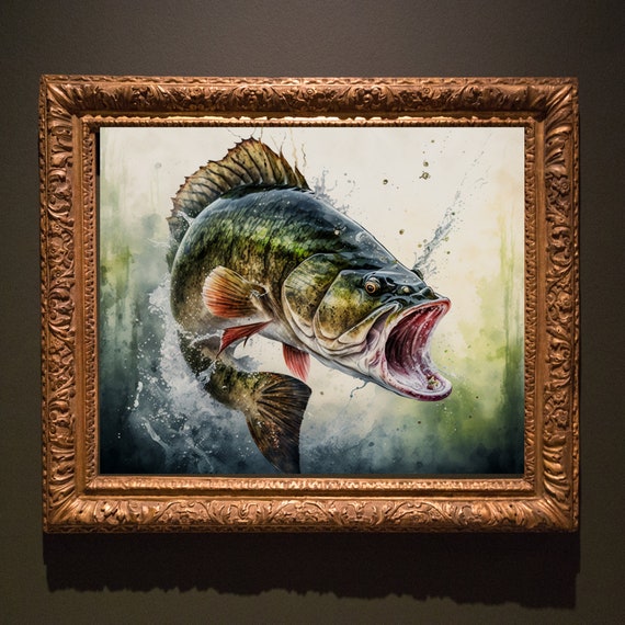 Large Mouth Bass Jumping Out of the Water-watercolor Digital Art Print -   Canada