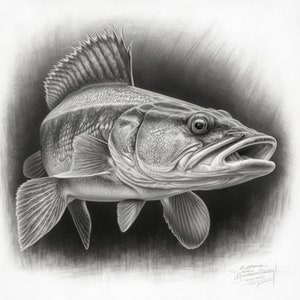 Pencil Drawing Of A Walleye-Digital Print Of a Walleye Fish image 1