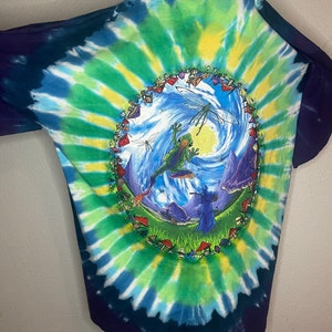 以下が含まれることがあります： 青、緑、黄色のスパイラル模様のタイダイTシャツ。背面には、カエル、トンボ、キノコが描かれた、シュールな風景の気まぐれなイラストが描かれています。袖は濃いネイビーブルーです。