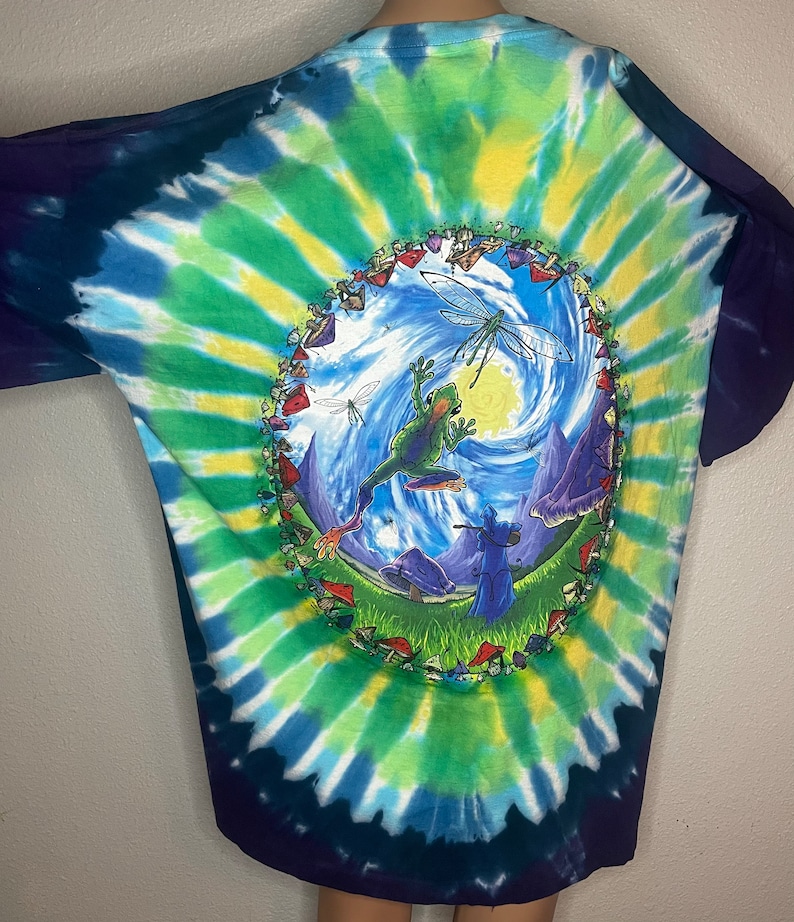 以下が含まれることがあります： 青、緑、黄色のスパイラル模様のタイダイTシャツ。背面には、カエル、トンボ、キノコが描かれた、シュールな風景の気まぐれなイラストが描かれています。袖は濃いネイビーブルーです。