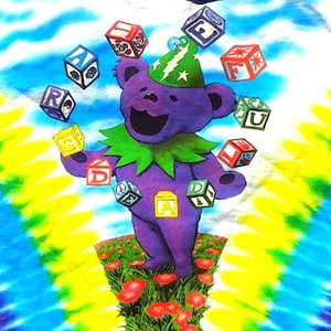 Puede incluir: Una camiseta de color morado con estampado tie-dye con un oso de dibujos animados haciendo malabares con bloques coloridos con letras. El oso lleva un sombrero verde con un rayo y una estrella. El fondo es un patr&oacute;n tie-dye de azul, amarillo y verde.