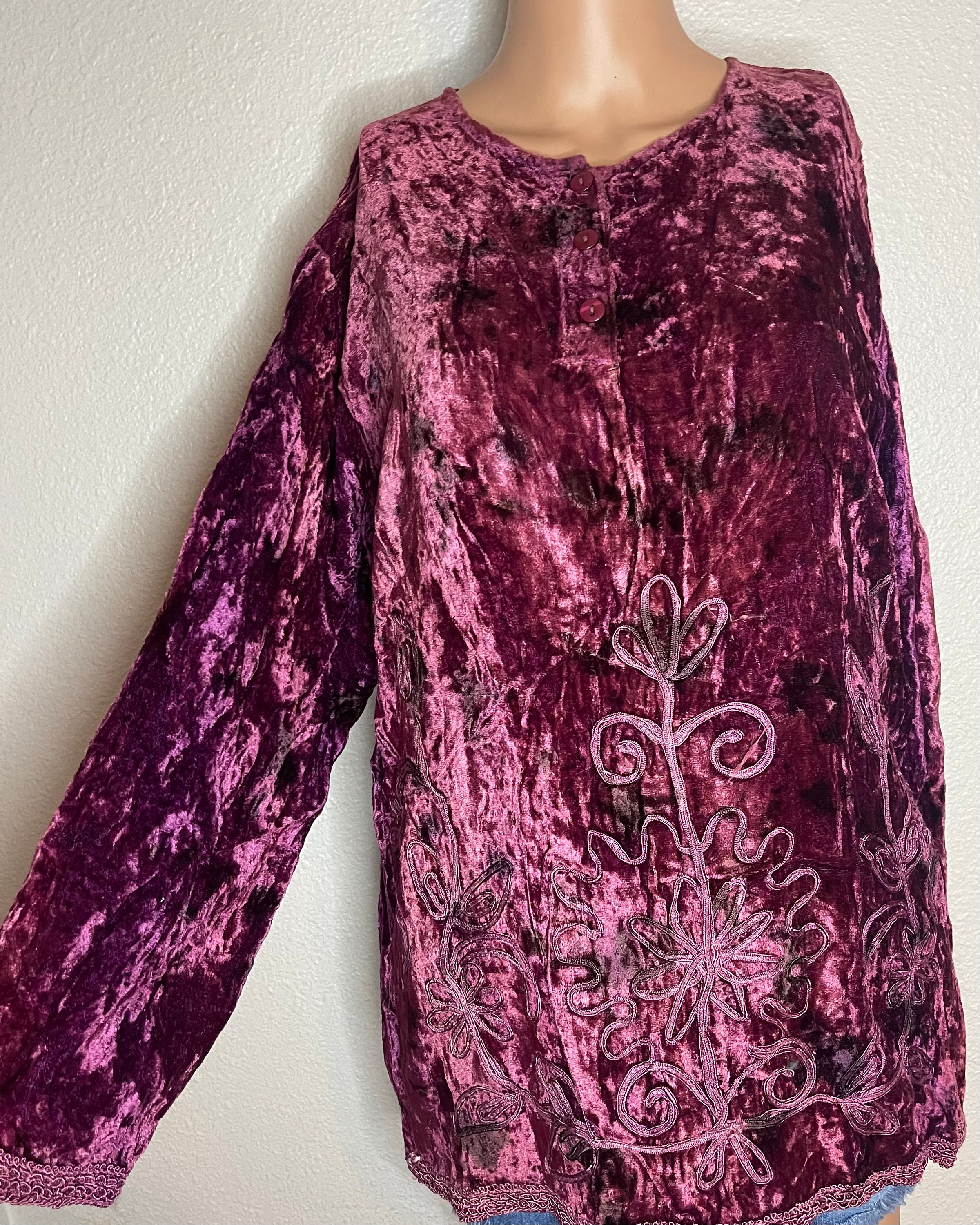 Burgundy Crushed Velvet Top With Embroidery Design. Womens free Size ...