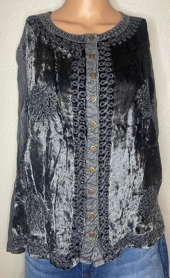 Blue/gray crushed velvety button down top with em… - image 3