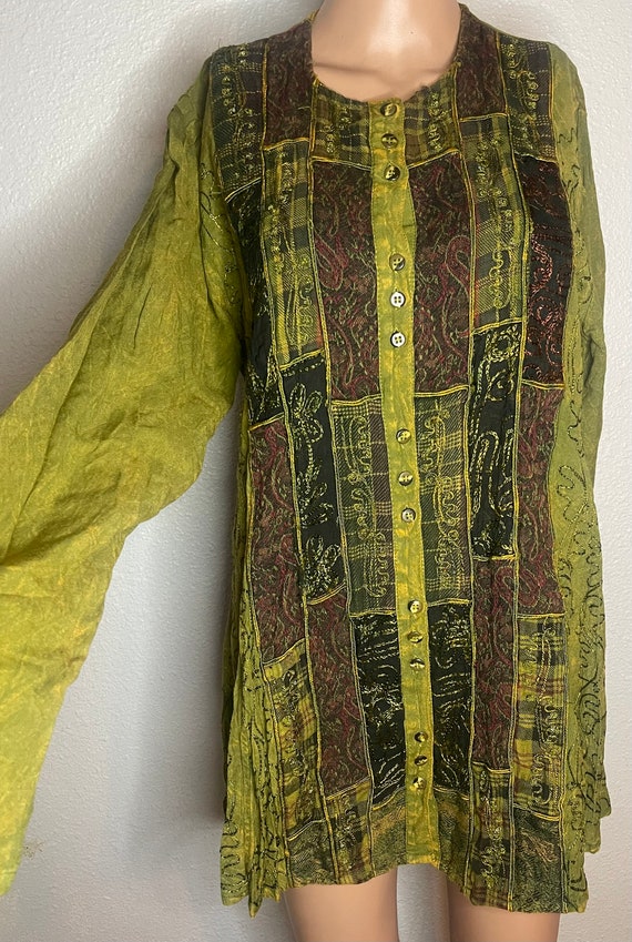 Green patchwork long sleeve button down blouse wi… - image 1