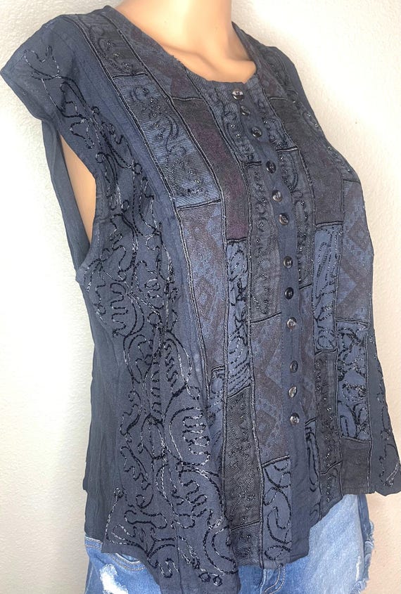 Bhags, dark blue patchwork/embroidered button dow… - image 1