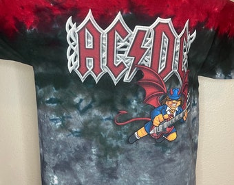 AC/DC, red/black tie dye t shirt. Vintage Liquid Blue. Size Large.