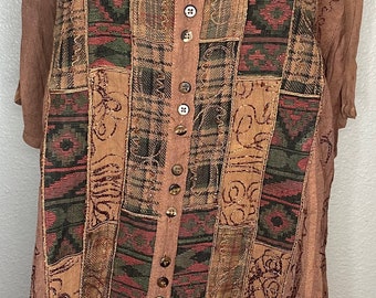 Orange/brown patchwork, short sleeve button down blouse with embroidery details. Size medium.