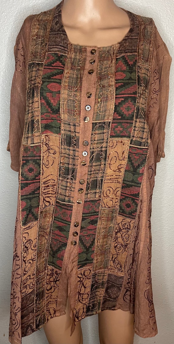 Orange/brown patchwork, short sleeve button down … - image 1