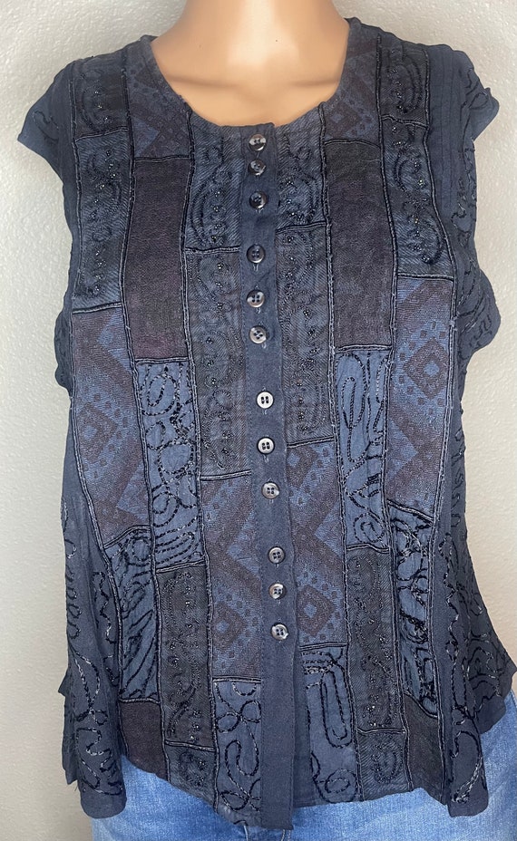 Bhags, dark blue patchwork/embroidered button dow… - image 3