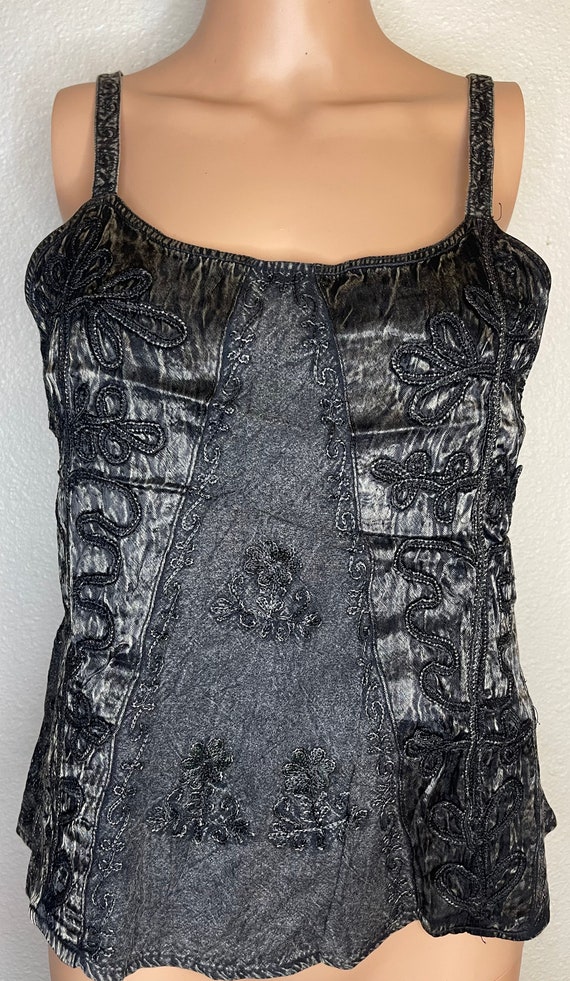 Dark gray, tank top with embroidered/silk details.