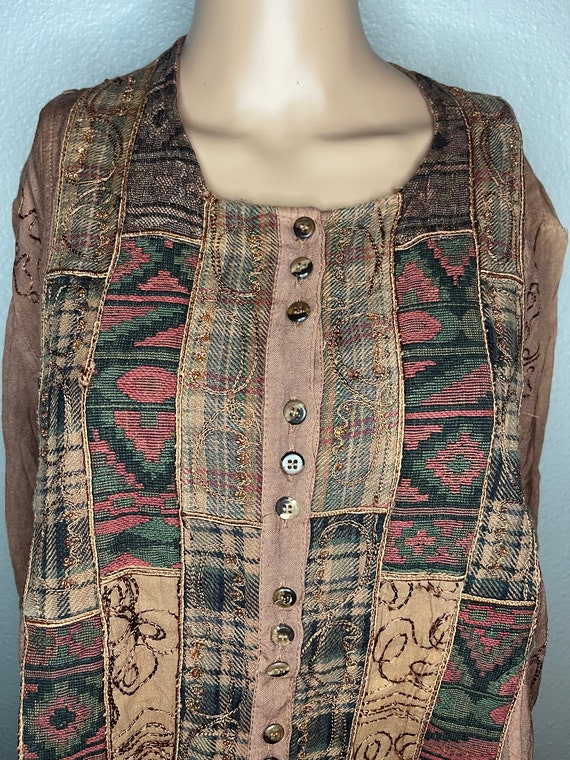 Orange/brown patchwork, short sleeve button down … - image 2
