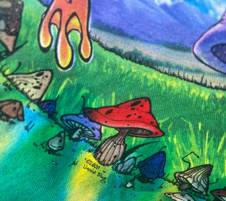 以下が含まれることがあります： カラフルなグラフィックTシャツのクローズアップ。キノコ、蝶、その他の気まぐれな要素の鮮やかなデザインが特徴です。デザインには、白い水玉模様の赤いキノコ、青いキノコ、そして「&copy;2000 Liquid Blue」の文字が含まれています。