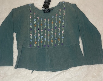 Vintage but NEW BHAGS 2000 brand, gauzy, embroidered women’s long sleeve shirt. Size “Free Size”.