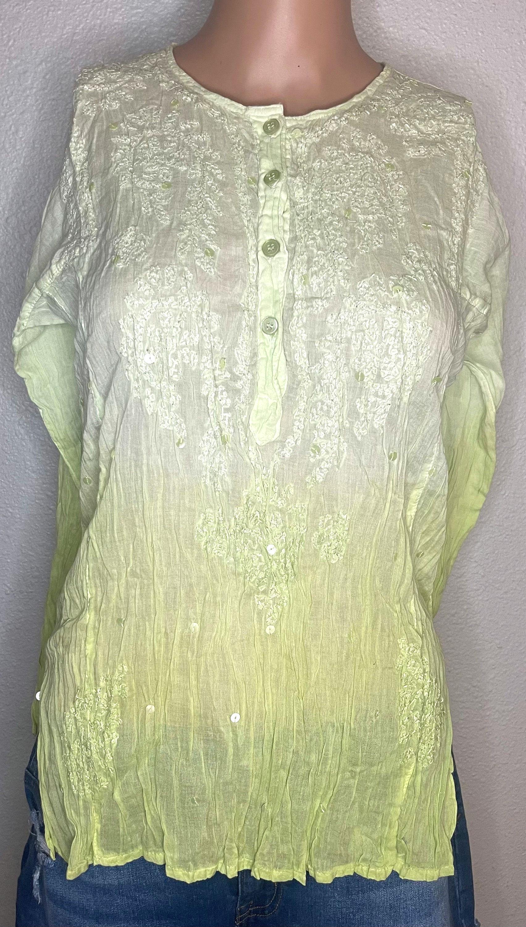 Funky People, Light Green Gauzy Sheer Long Sleeve Blouse