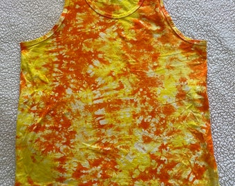 Camiseta sin mangas Tie Dye amarilla y naranja. Yunque unisex, Talla Grande.