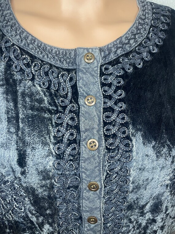 Blue/gray crushed velvety button down top with em… - image 2