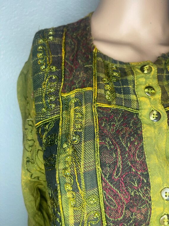Green patchwork long sleeve button down blouse wi… - image 4