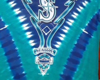 Seattle Mariners tie dye t shirt with print on front. Vintage. Size XXL ,& Large.